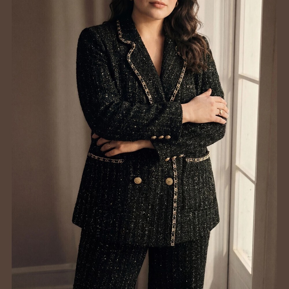 Black / Gold Tweed Chain Trim Lapel Blazer with Gold Buttons